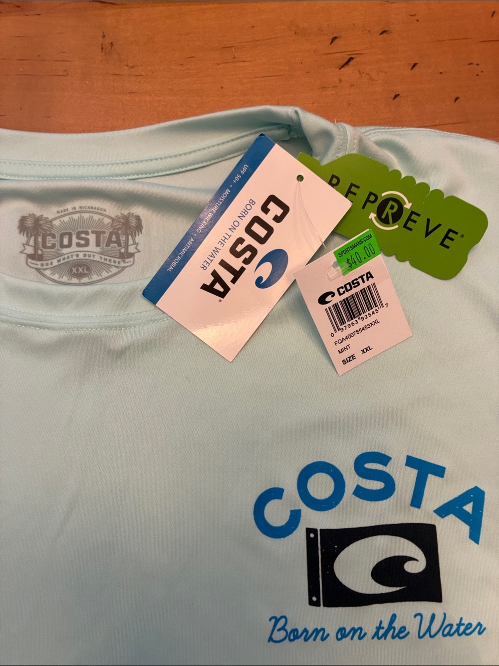 COSTA Men’s NWT Mint Green Long Sleeve Fishing Tee With Navy Sleeve Graphics XXL - Picture 2 of 9